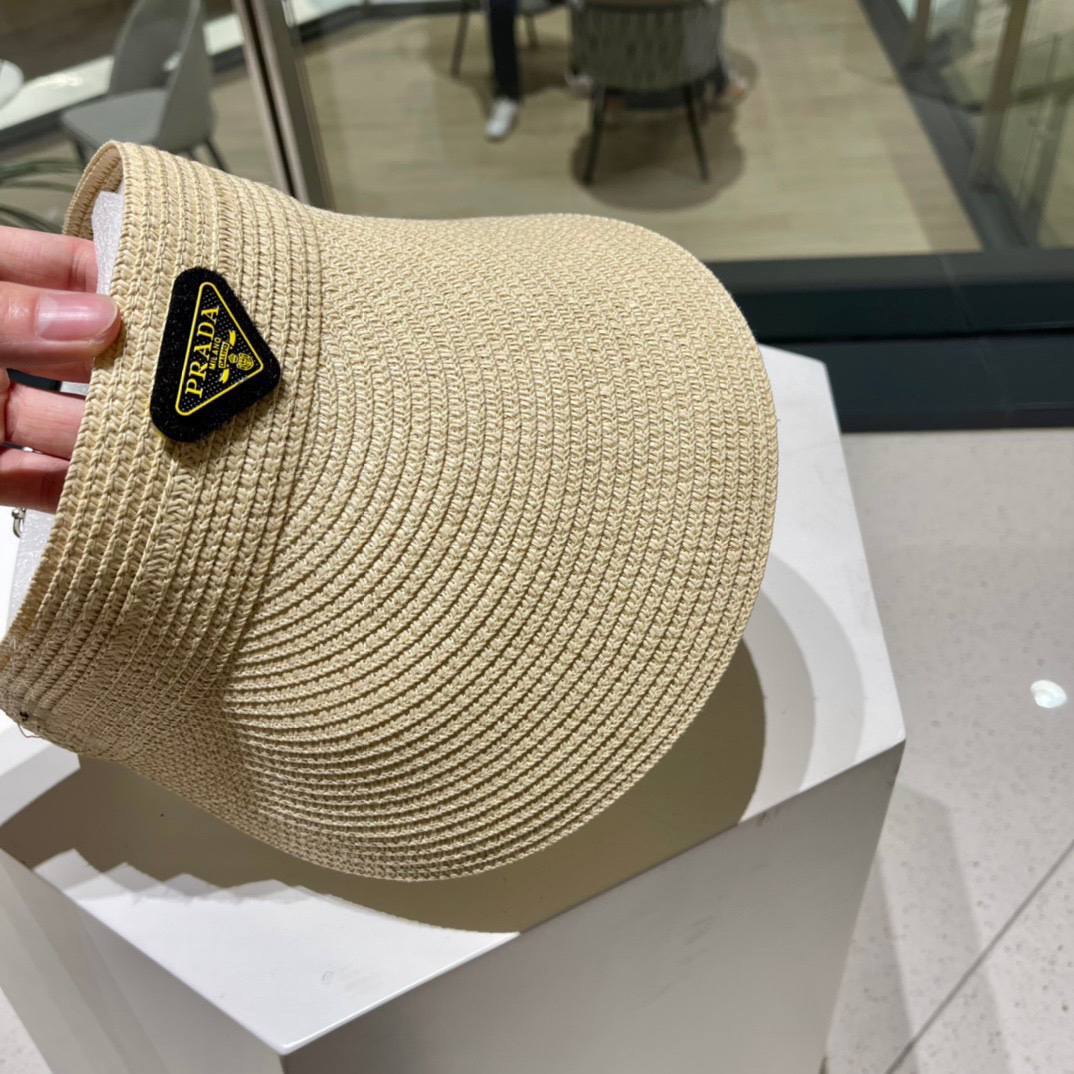  PRADA普拉达2022春夏新款遮阳草帽帽，空顶遮阳帽，防嗮遮阳帽，可折叠，头围57cm，
