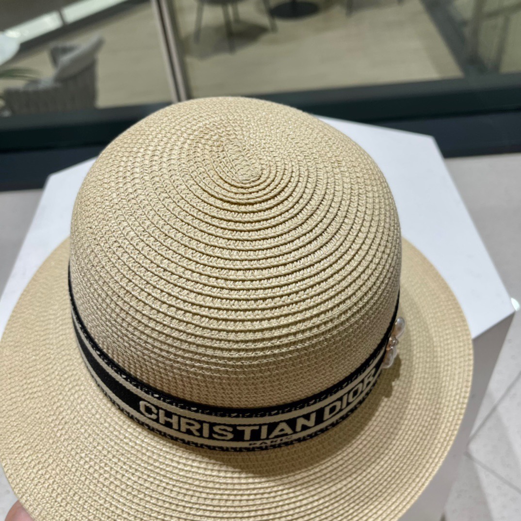 Dior迪奥新款草帽遮阳帽太阳帽沙滩遮阳帽帽花朵设计头围57cm
