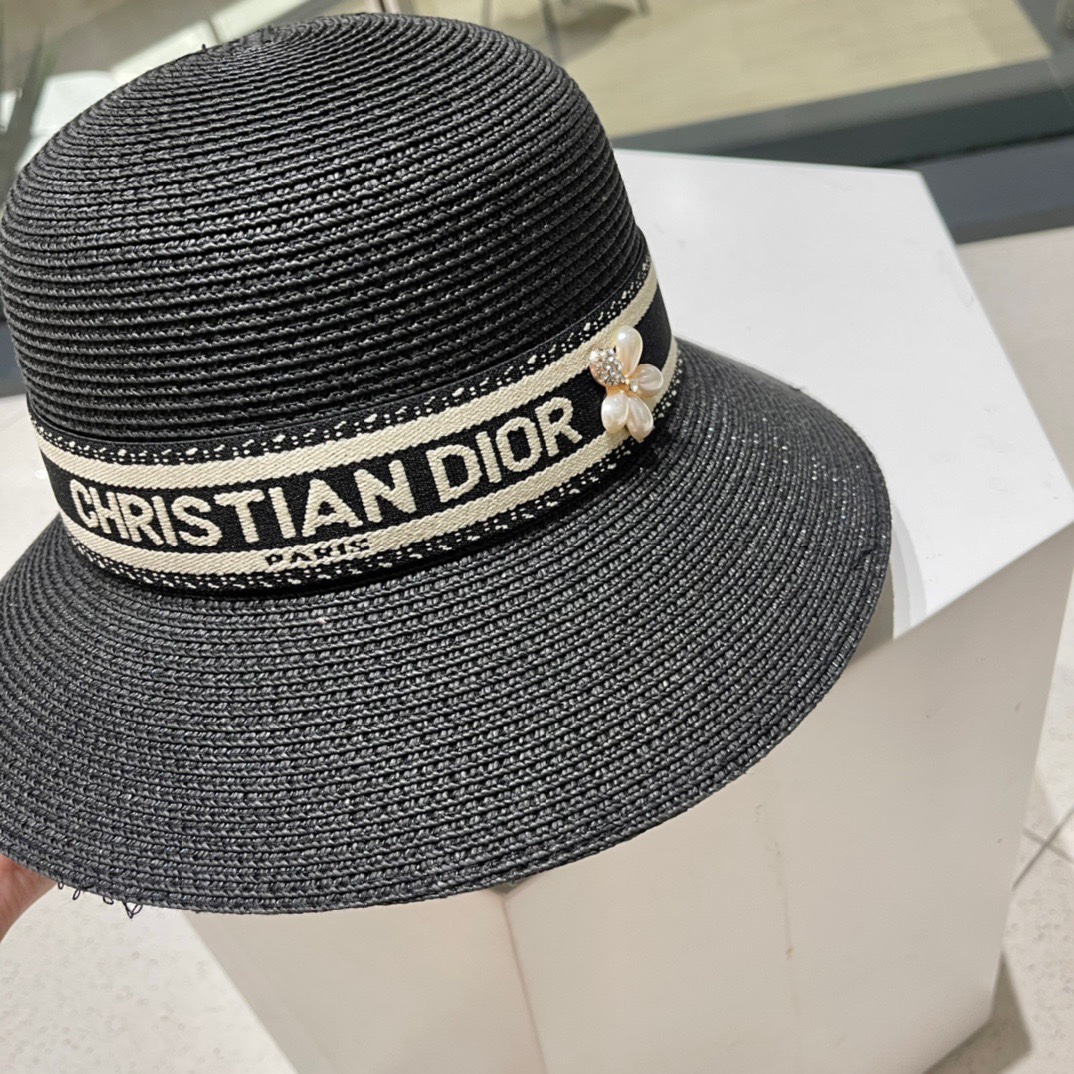 Dior迪奥新款草帽遮阳帽太阳帽沙滩遮阳帽帽花朵设计头围57cm