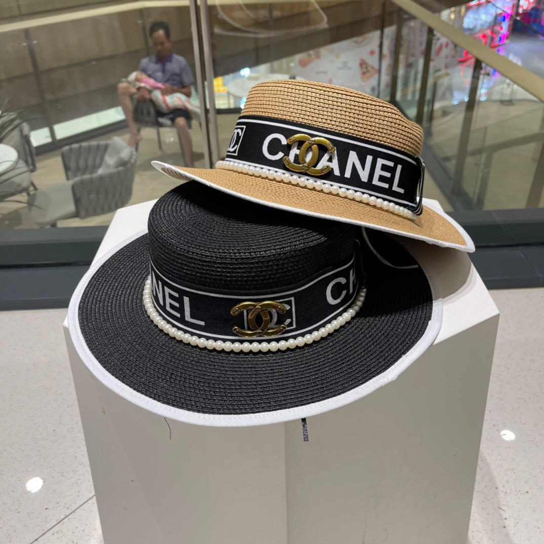 Chanel Chanel sombrero de paja, sombrero de sol estilo celebridad, diseño único con borde de tela, circunferencia de ca…