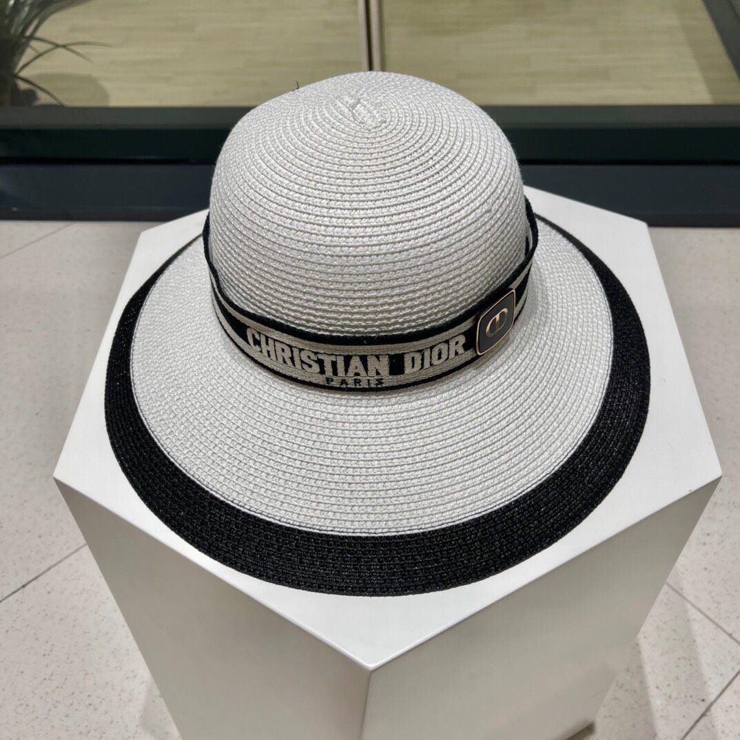 Dior迪奥新款草帽遮阳帽太阳帽沙滩遮阳帽帽拼色头围57cm