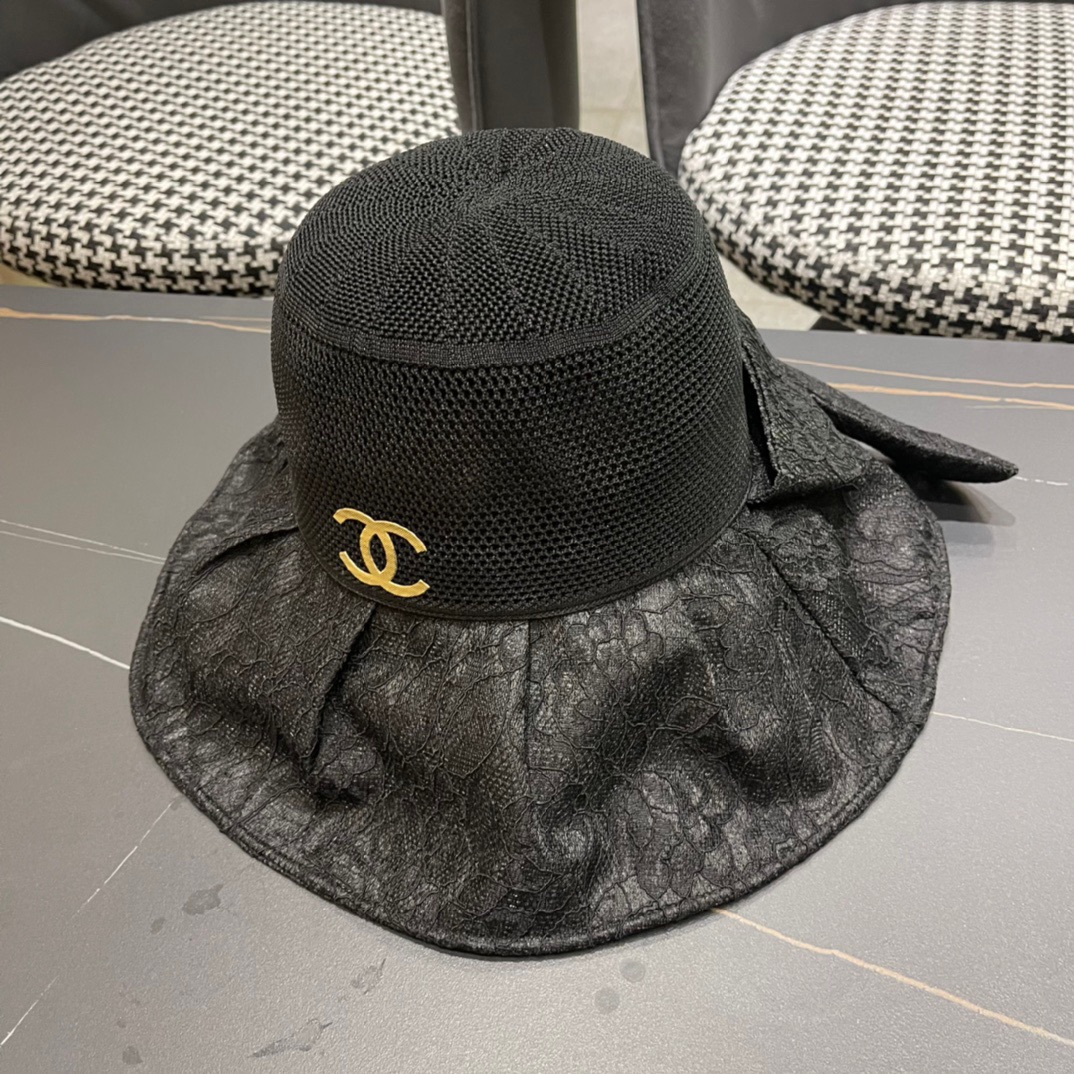 香奈儿Chanel2024春新款防紫外线骑车遮脸蝴蝶结渔夫太阳帽防晒帽