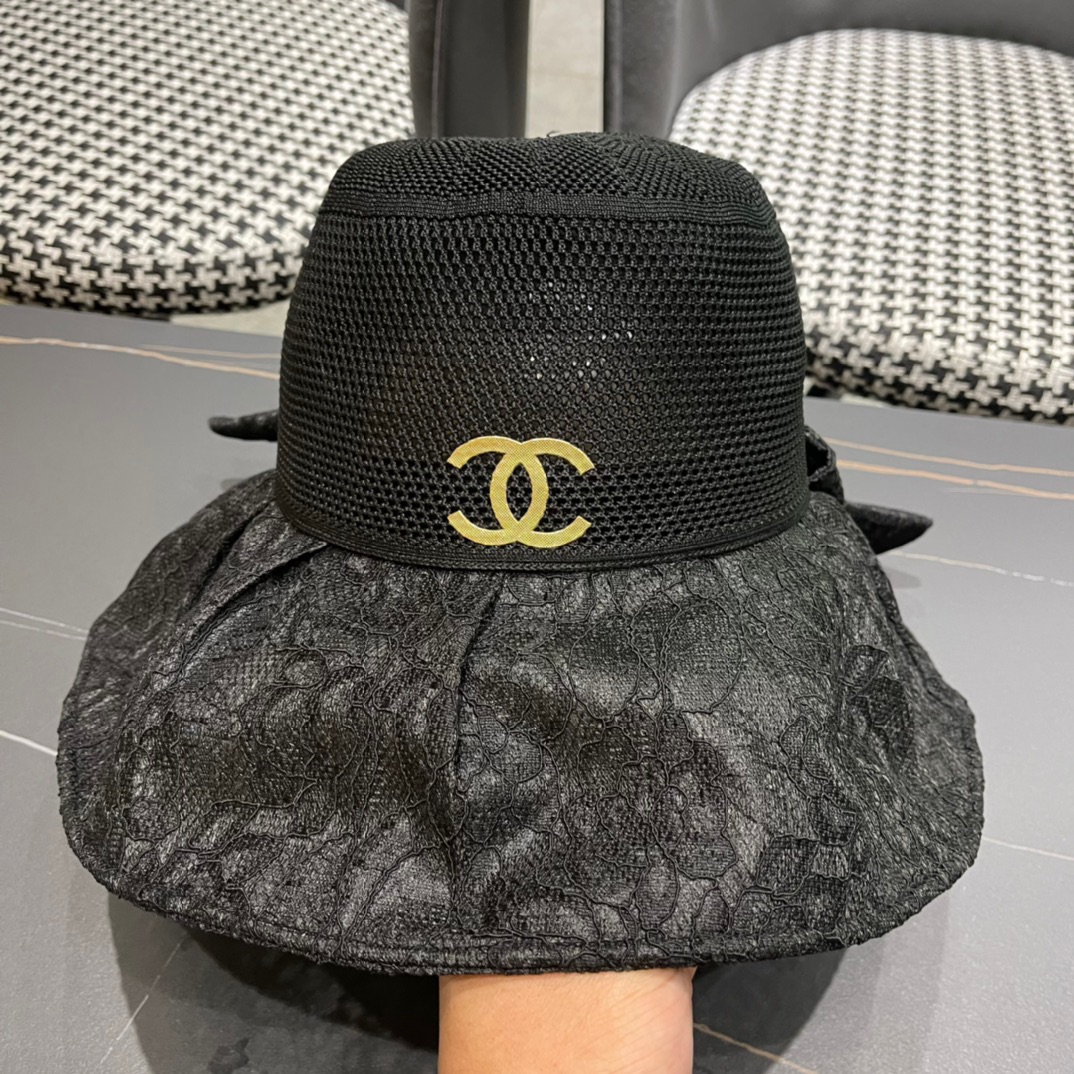 香奈儿Chanel2024春新款防紫外线骑车遮脸蝴蝶结渔夫太阳帽防晒帽