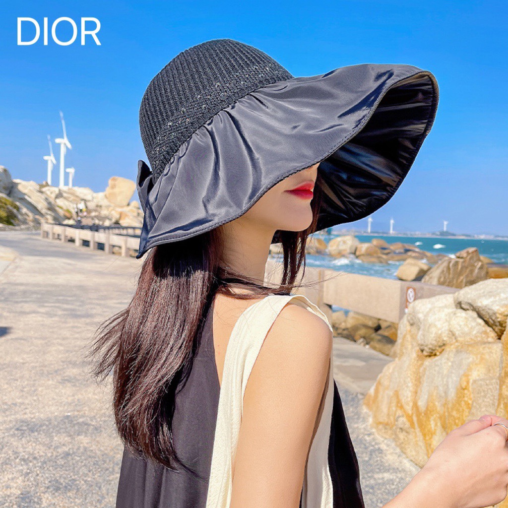 DIOR Dior sombrero de pescador de verano con lazo de vinilo negro, sombrero de ala ancha para mujer, protección UV, som…