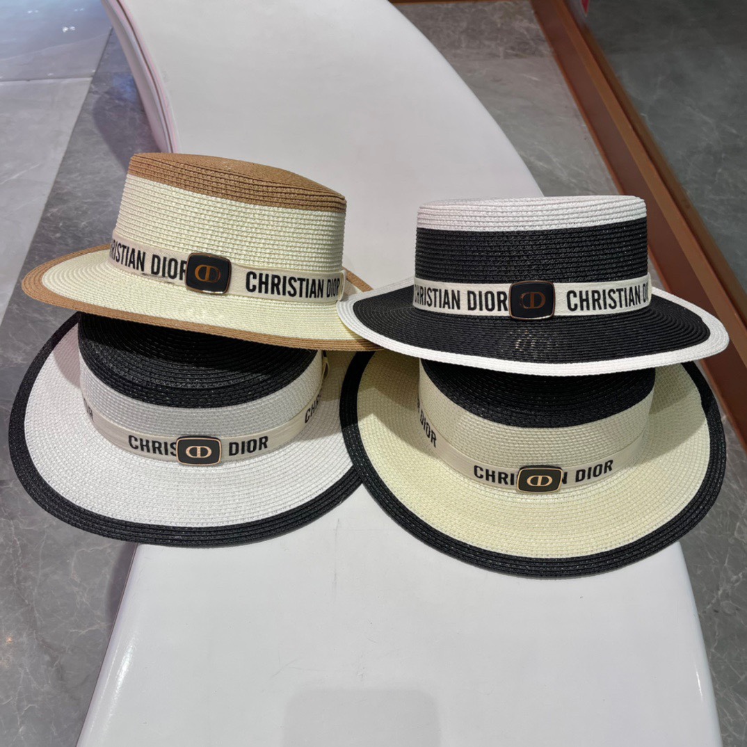 Sombrero de paja Dior, sombrero para el sol, sombrero de playa para sombra, estilo dama elegante, circunferencia de cab…