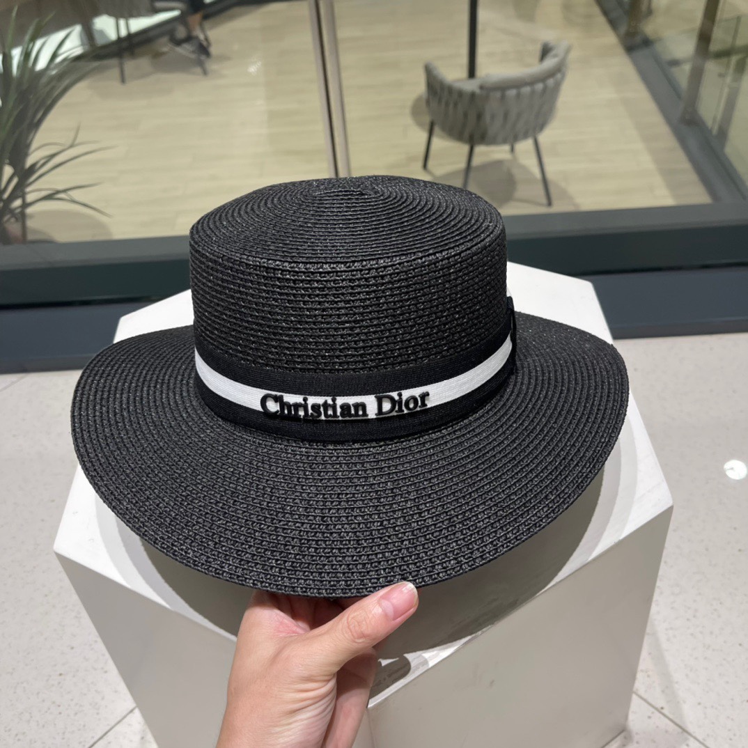 Dior迪奥新款草帽平顶桶帽黑白米卡其头围57cm