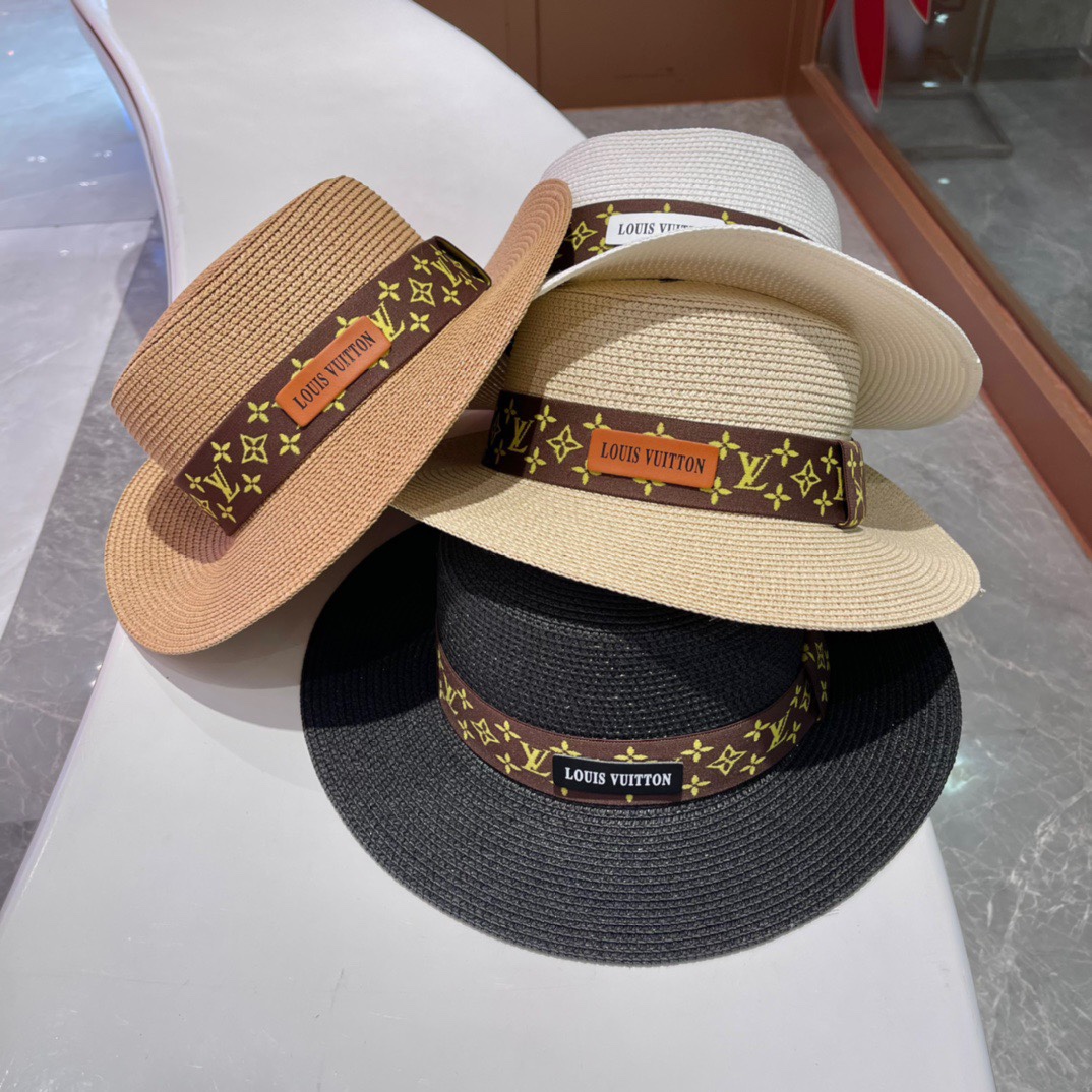 🎀Sombrero plano LV🎩Sombrero plano de paja👒Sombrero de paja, sombrero de playa, sombreros: sombrero de pescador, gorr…