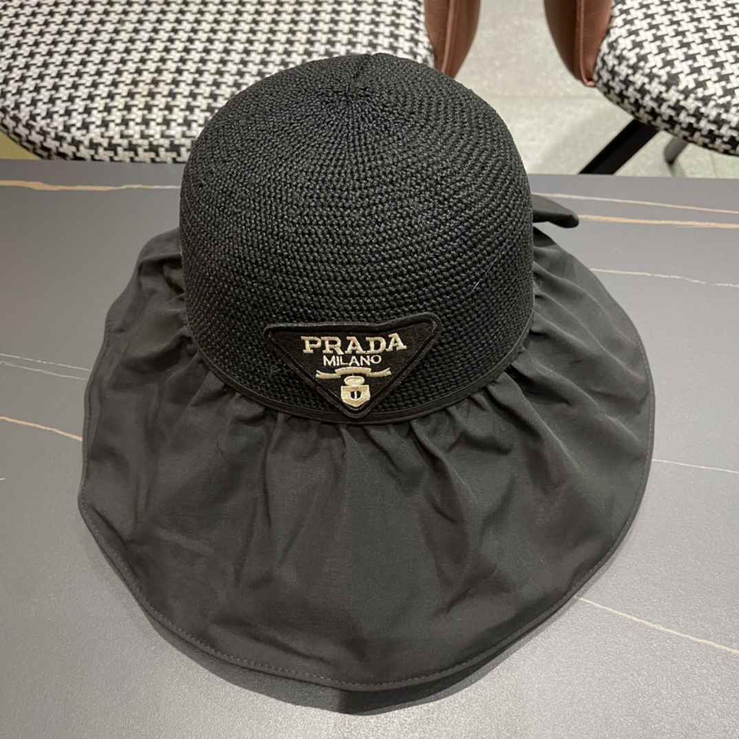 PRADA普拉达 新款蝴蝶结渔夫帽遮阳防晒女时尚休闲帽子潮