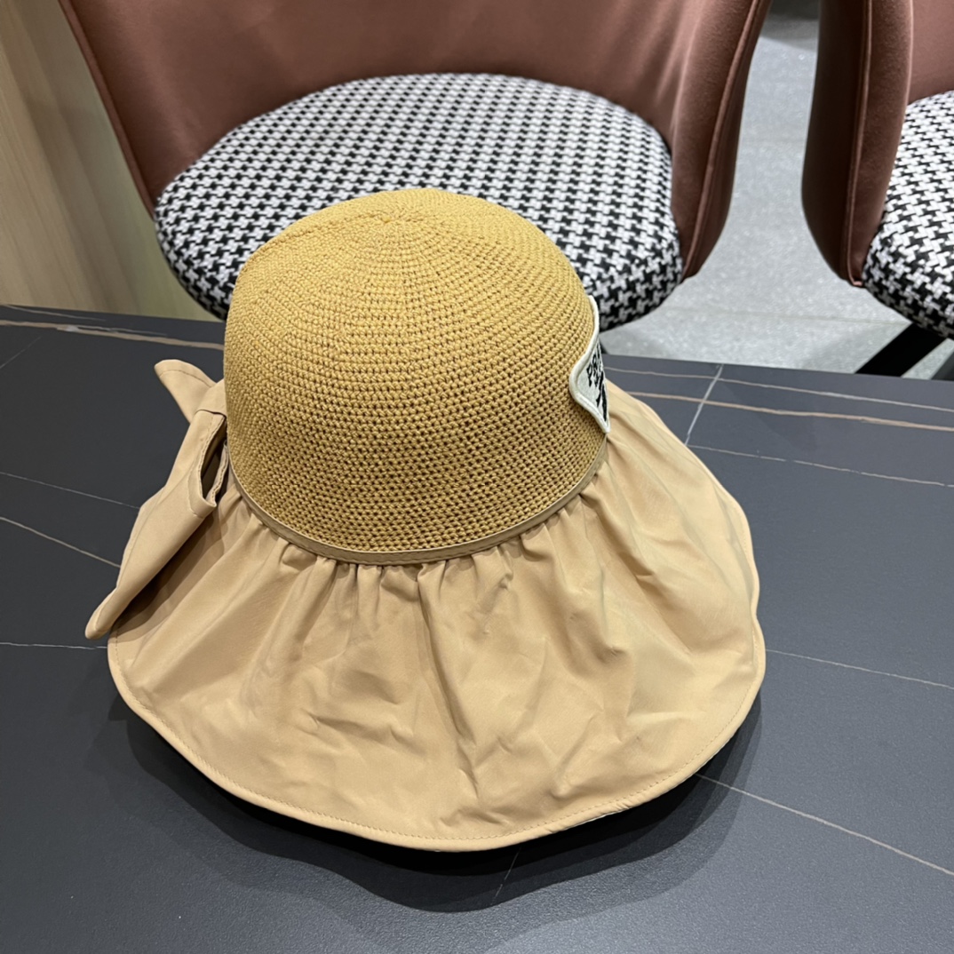 PRADA普拉达 新款蝴蝶结渔夫帽遮阳防晒女时尚休闲帽子潮