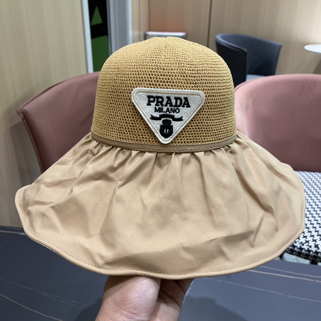 PRADA普拉达 新款蝴蝶结渔夫帽遮阳防晒女时尚休闲帽子潮