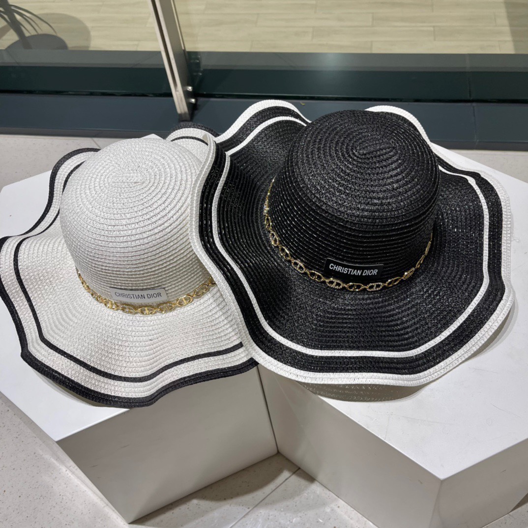 【DIOR】nuevo sombrero de paja de ala ancha con cadena y letras CD 🤩 estilo playero, simple y elegante, artículo versáti…