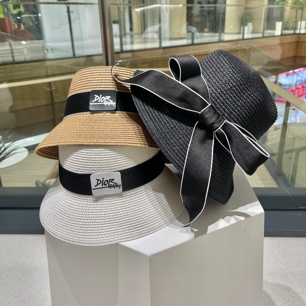 Sombrero de paja Dior, sombrero para el sol de estilo dama, lazo grande circunferencia de cabeza 57cm