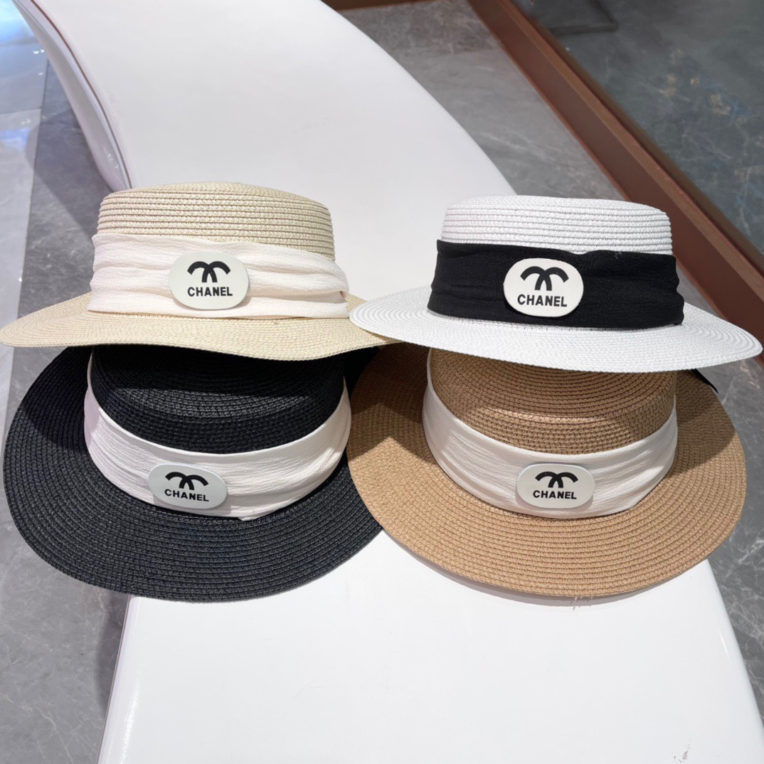 【Chanel】Sombrero de paja de ala ancha para el sol, estilo de cuenco, nuevo para 2024, simple y elegante, versátil, prim…