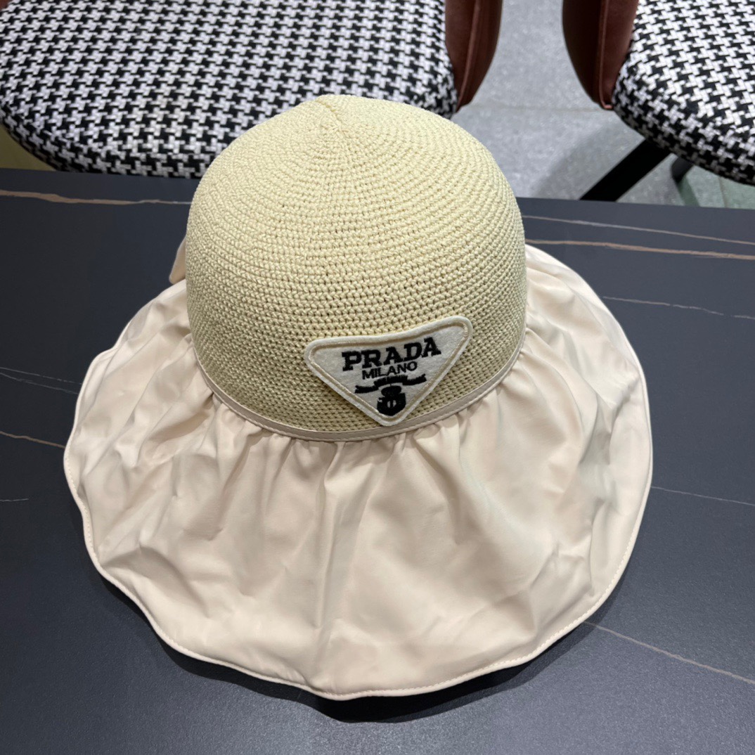 PRADA普拉达 新款蝴蝶结渔夫帽遮阳防晒女时尚休闲帽子潮