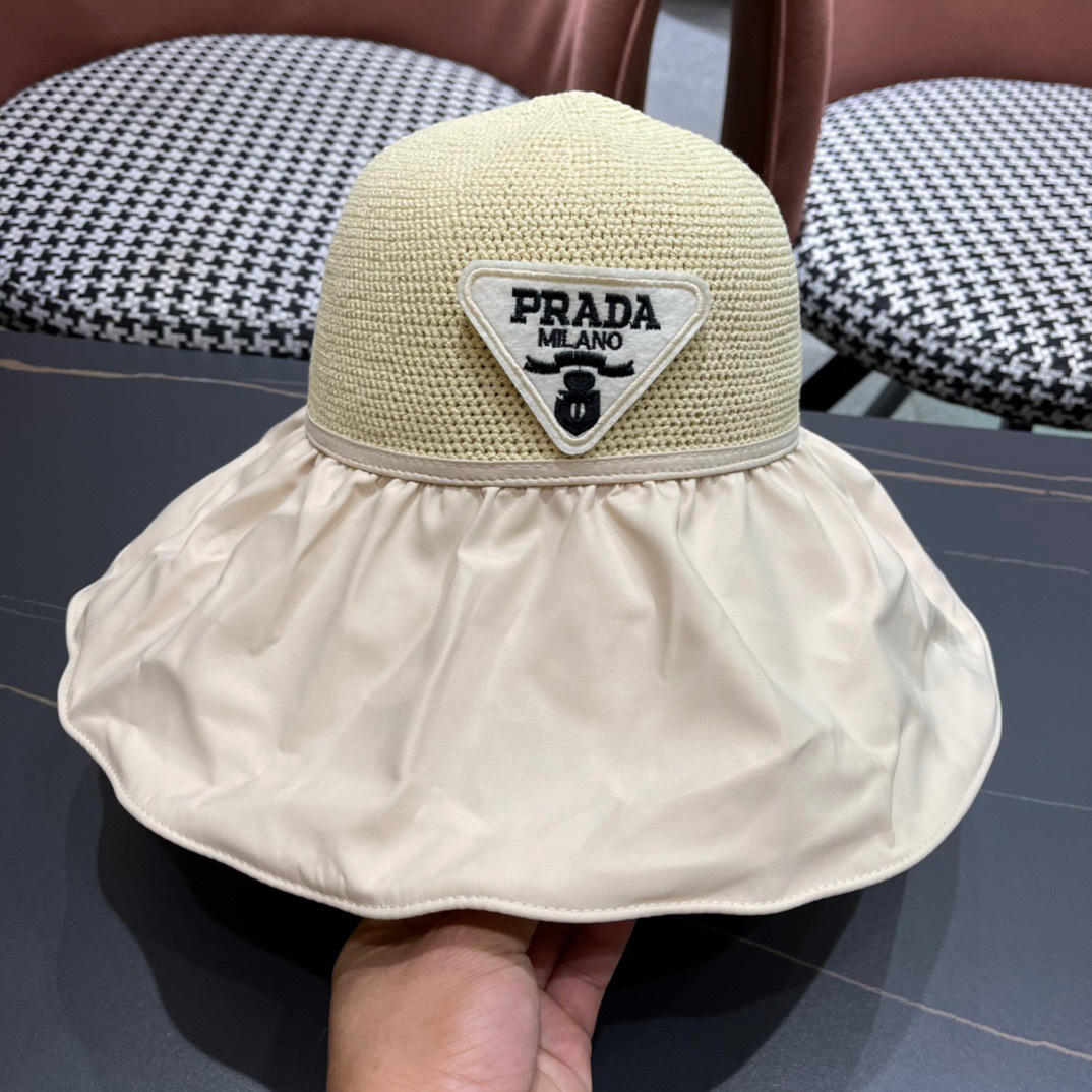 PRADA普拉达 新款蝴蝶结渔夫帽遮阳防晒女时尚休闲帽子潮