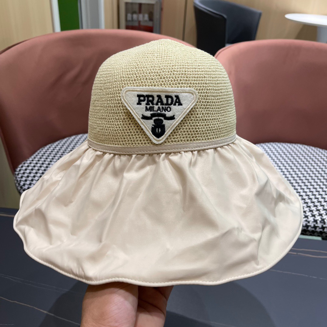 PRADA普拉达 新款蝴蝶结渔夫帽遮阳防晒女时尚休闲帽子潮