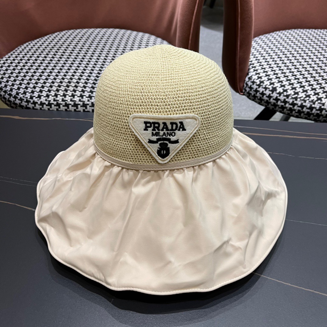 PRADA普拉达 新款蝴蝶结渔夫帽遮阳防晒女时尚休闲帽子潮
