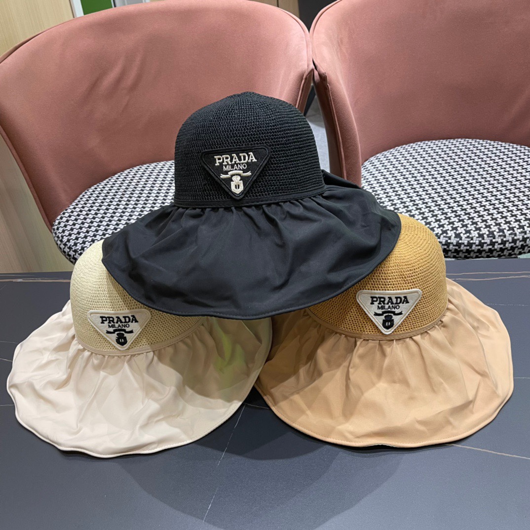 PRADA普拉达 新款蝴蝶结渔夫帽遮阳防晒女时尚休闲帽子潮