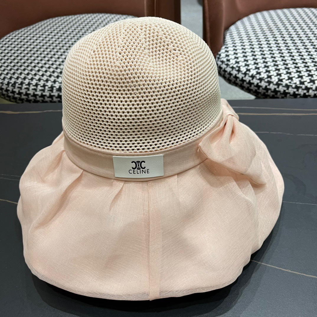  Celine 赛琳2024新款遮阳渔夫帽防晒沙滩盆帽潮女蝴蝶结大檐布帽沿帽子好看