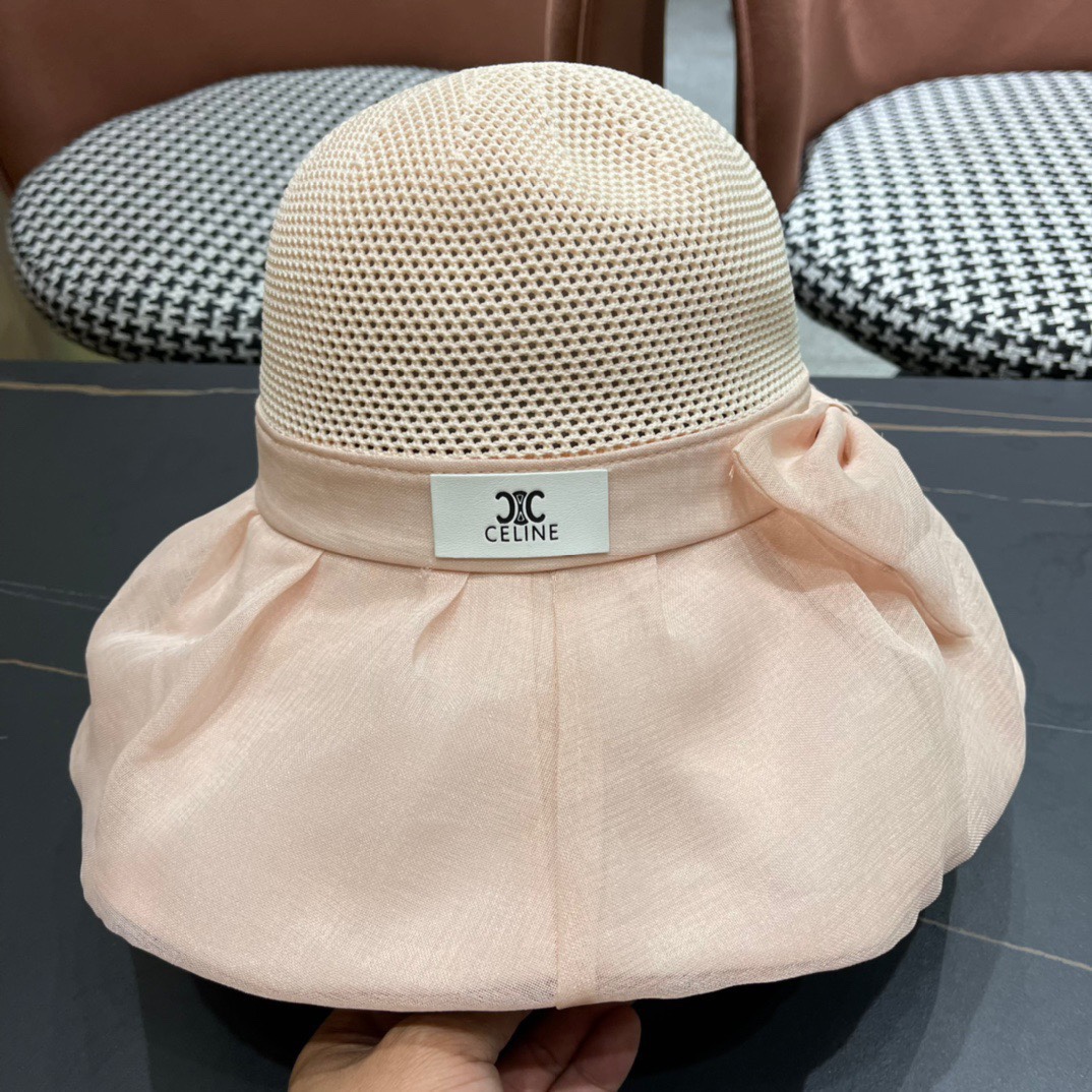  Celine 赛琳2024新款遮阳渔夫帽防晒沙滩盆帽潮女蝴蝶结大檐布帽沿帽子好看