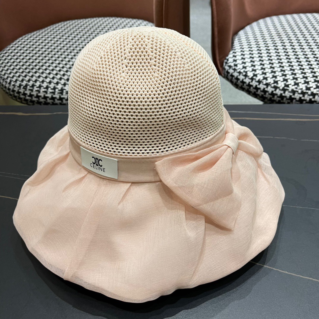  Celine 赛琳2024新款遮阳渔夫帽防晒沙滩盆帽潮女蝴蝶结大檐布帽沿帽子好看