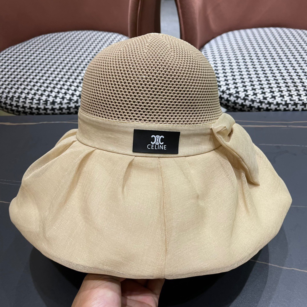  Celine 赛琳2024新款遮阳渔夫帽防晒沙滩盆帽潮女蝴蝶结大檐布帽沿帽子好看