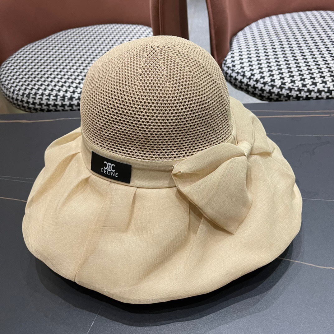  Celine 赛琳2024新款遮阳渔夫帽防晒沙滩盆帽潮女蝴蝶结大檐布帽沿帽子好看