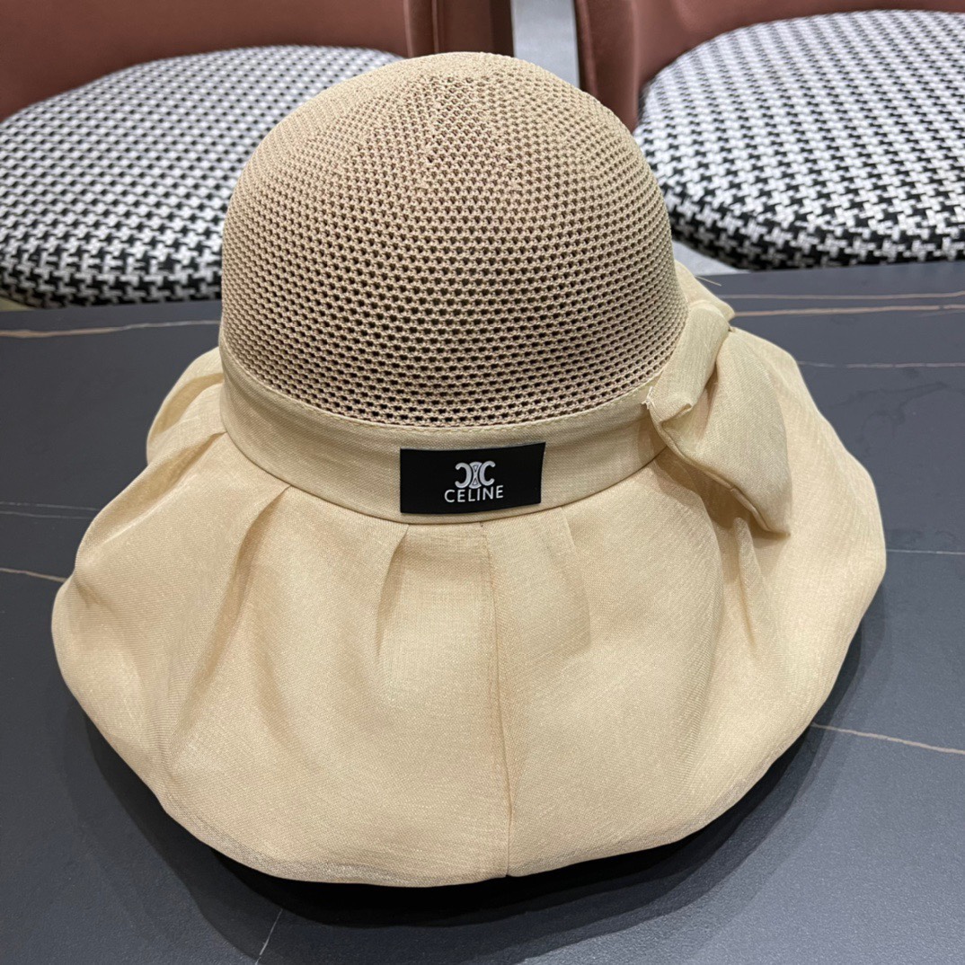  Celine 赛琳2024新款遮阳渔夫帽防晒沙滩盆帽潮女蝴蝶结大檐布帽沿帽子好看