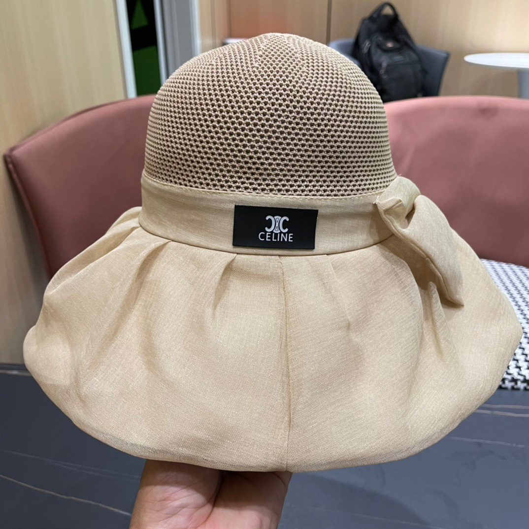  Celine 赛琳2024新款遮阳渔夫帽防晒沙滩盆帽潮女蝴蝶结大檐布帽沿帽子好看
