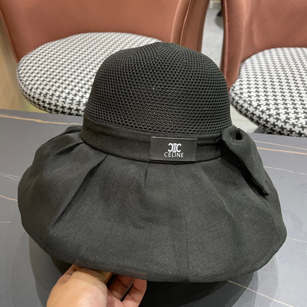 Celine 赛琳2024新款遮阳渔夫帽防晒沙滩盆帽潮女蝴蝶结大檐布帽沿帽子好看