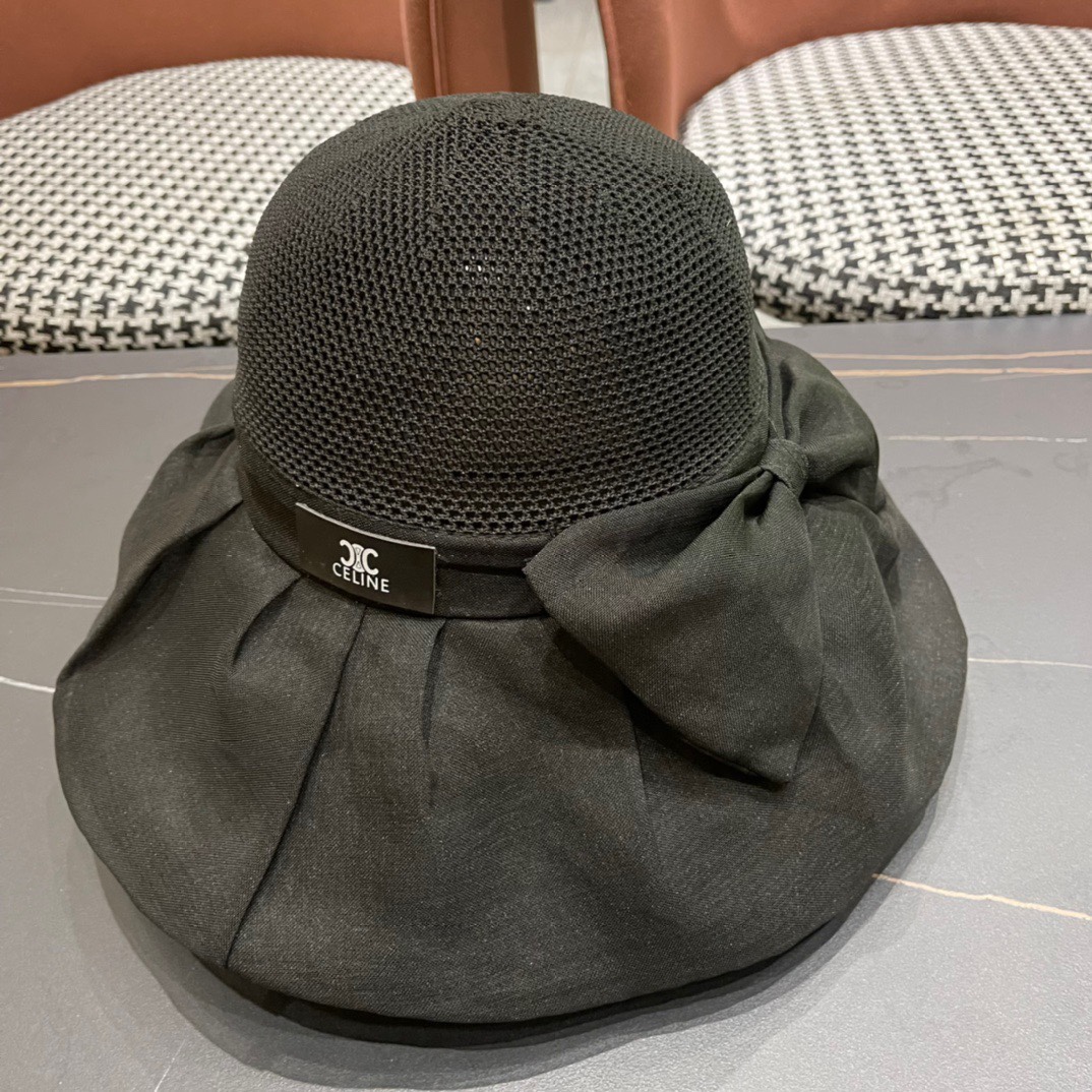  Celine 赛琳2024新款遮阳渔夫帽防晒沙滩盆帽潮女蝴蝶结大檐布帽沿帽子好看