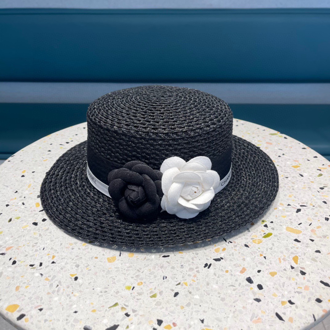 Sombrero de paja de copa plana con camelia de CHANEL 2021, estilo retro de Audrey Hepburn, accesorio de diosa, impresci…