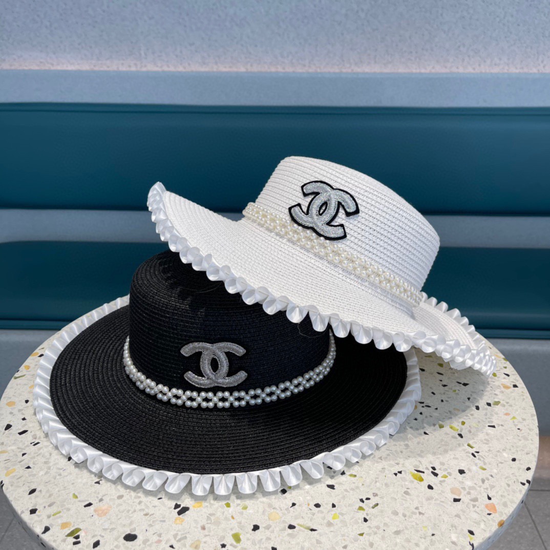 Chanel sombrero de mujer de paja estilo coreano, fresco, con borde de perlas y ondas de encaje, para protección solar, …