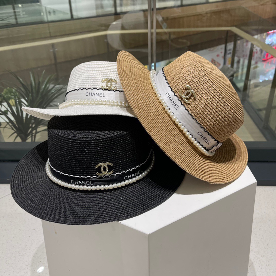 Sombrero de paja de Chanel, sombrero de protección solar, circunferencia de cabeza 57cm