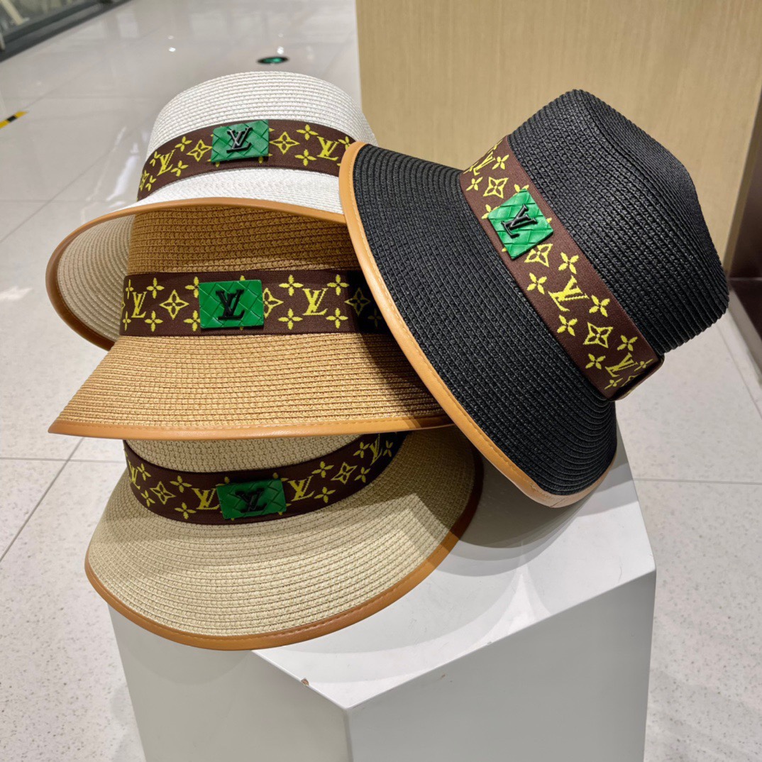 LV Louis Vuitton 2023 primavera-verano nuevo estilo coreano sombrero de paja con borde de cuero, original de la tienda …