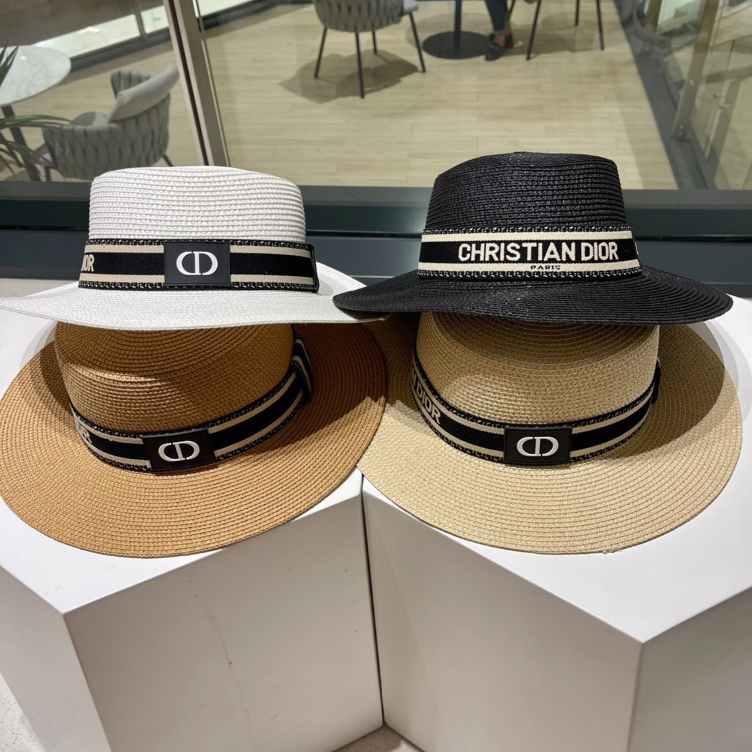 Sombrero de paja plano de DIOR 👒 Sombrero plano de Dior 👏 Sombrero de paja tejido de nueva temporada 2023, estilo pla…