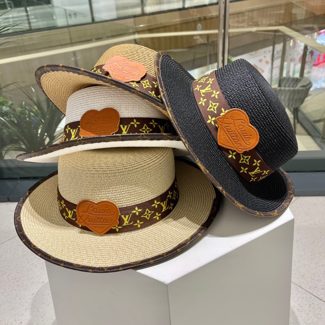 【LV Louis Vuitton】Sombrero de paja estilo vacacional con cinta de 2023, imprescindible para viajar, muy fácil de combin…