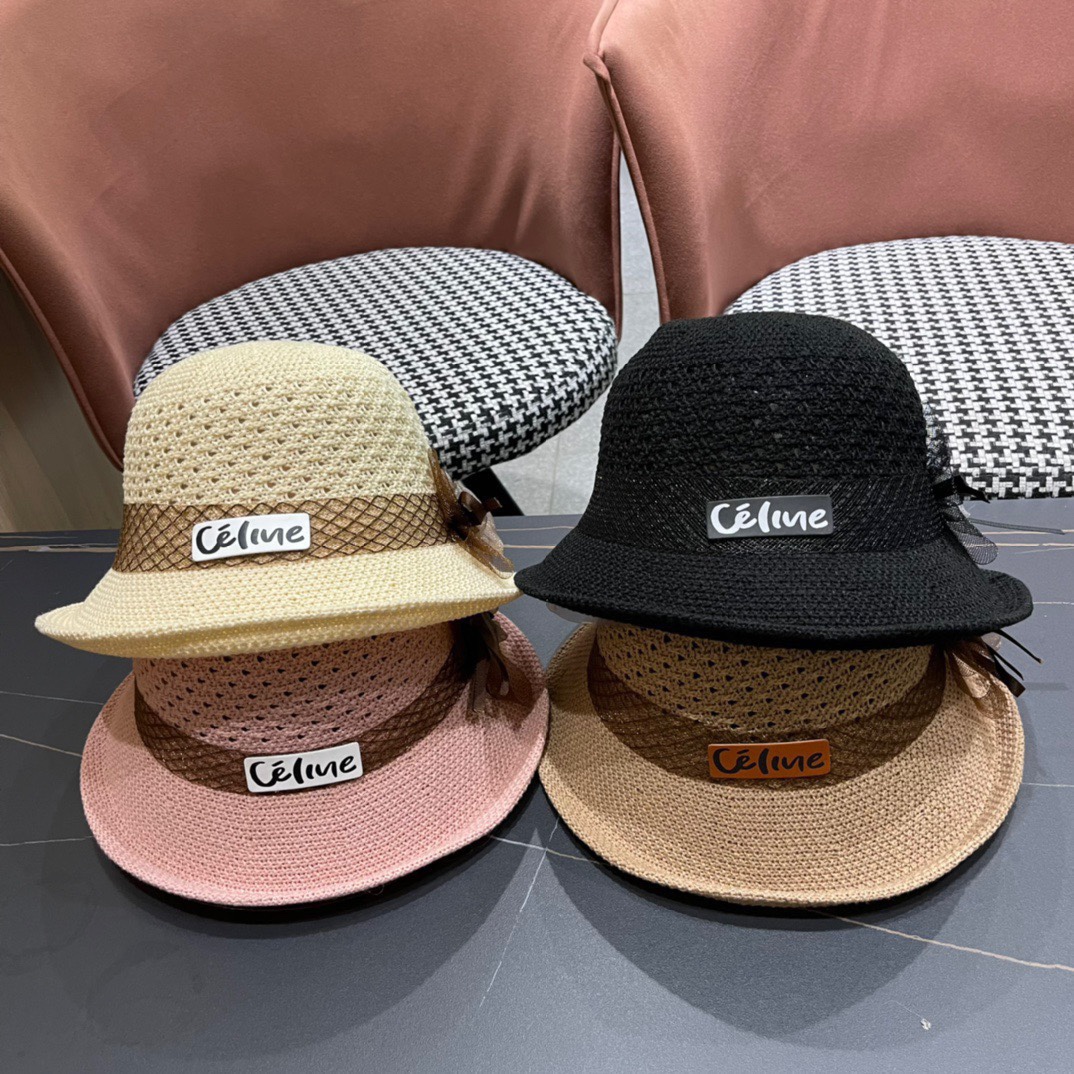 【CELINE Celine】 Sombrero de paja con cinta y flores minimalista nuevo 2024, primera opción para la playa en verano, mat…