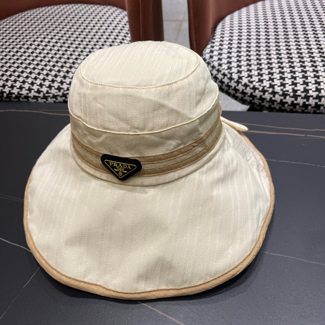  普拉达Prada日系2024新款遮阳防晒渔夫帽子女春夏大檐百搭休闲防紫外线帽薄款透气 
