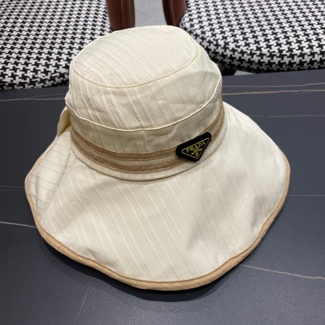  普拉达Prada日系2024新款遮阳防晒渔夫帽子女春夏大檐百搭休闲防紫外线帽薄款透气 