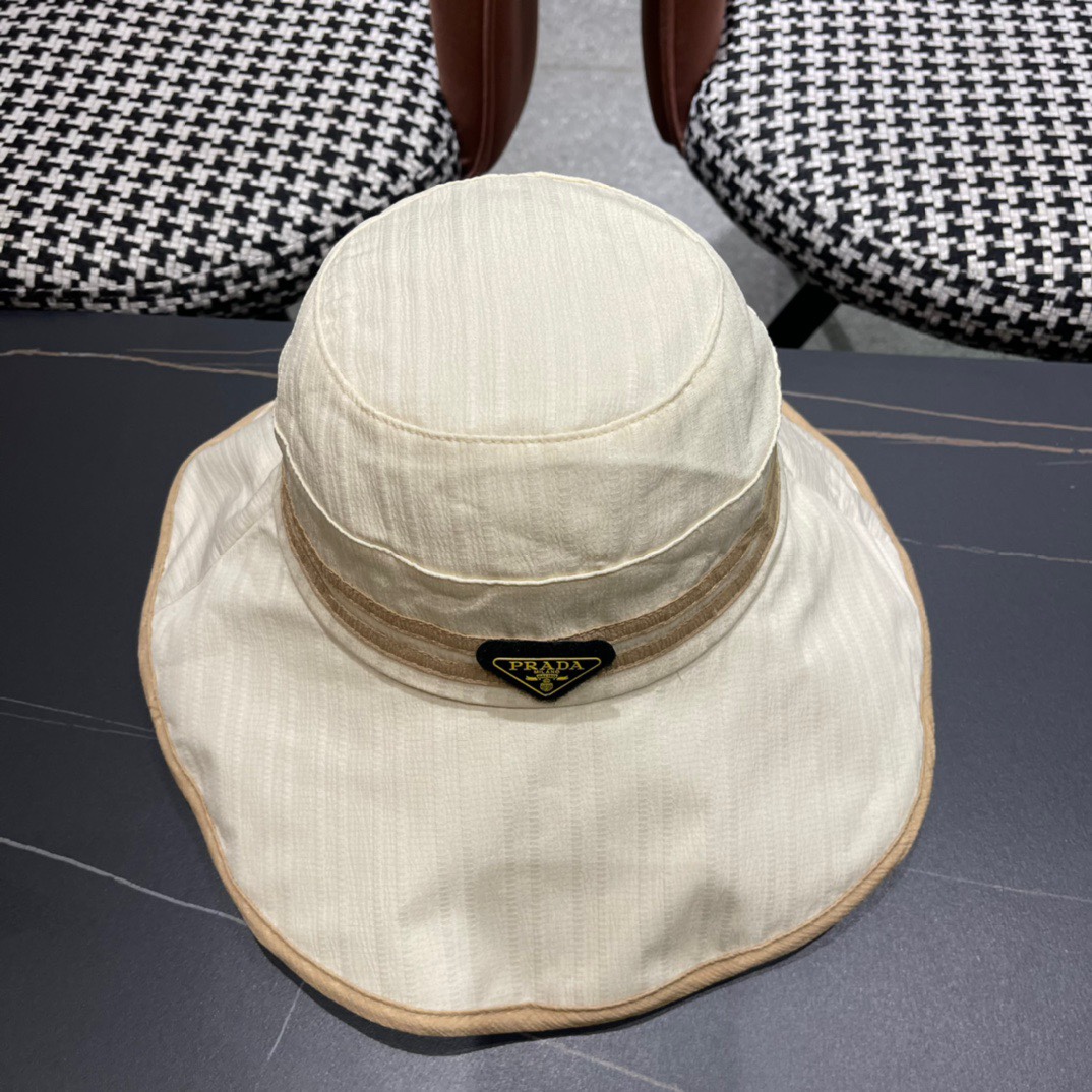  普拉达Prada日系2024新款遮阳防晒渔夫帽子女春夏大檐百搭休闲防紫外线帽薄款透气 