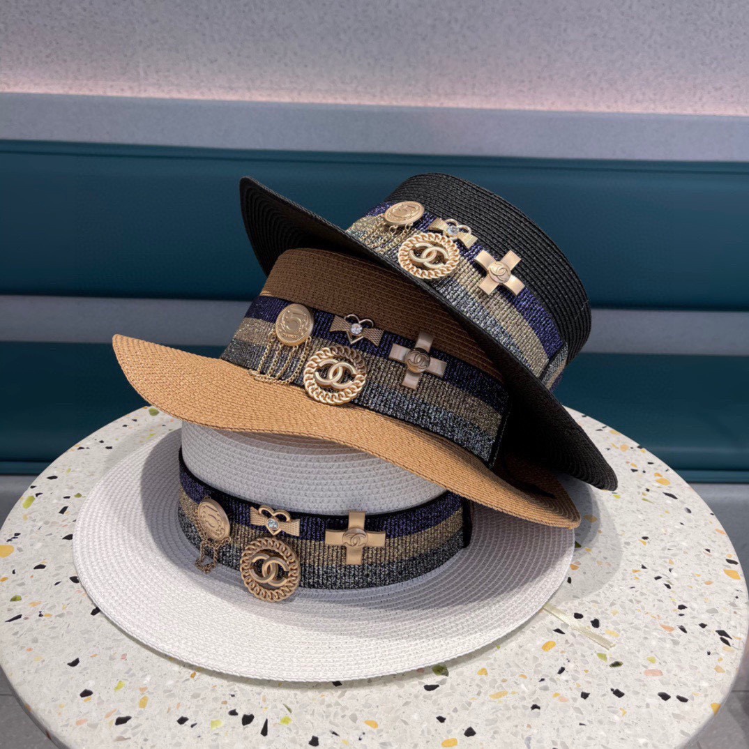 【CHANEL】Nuevo 2021 combinación de logo pequeño, sombrero de paja de paja, sombrero de copa, ¡detallista, simple y elega…