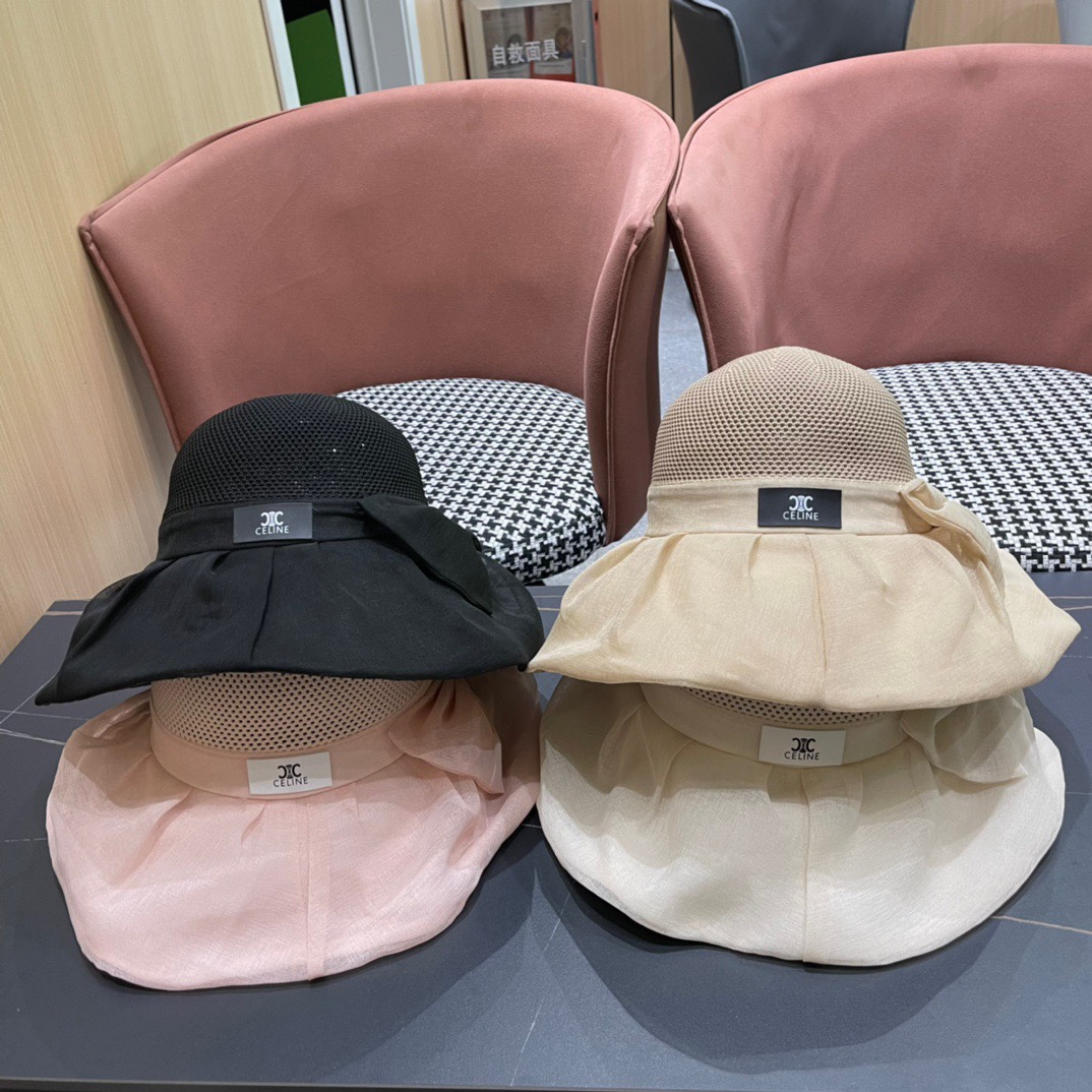 Celine 2024 Nuevo sombrero de pescador de sol, sombrero de playa de ala ancha para mujer, con lazo, de tela, bonito