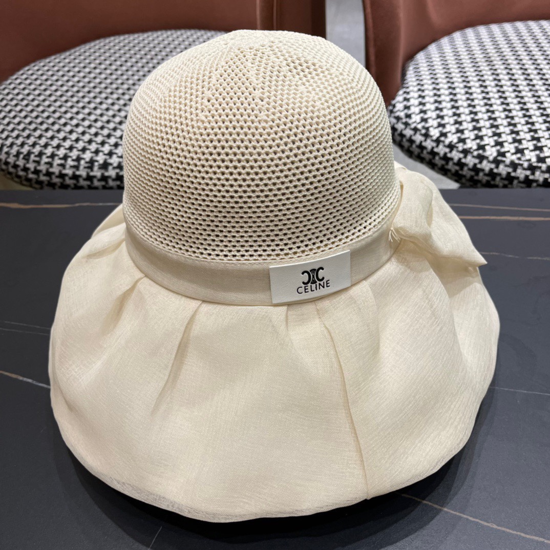  Celine 赛琳2024新款遮阳渔夫帽防晒沙滩盆帽潮女蝴蝶结大檐布帽沿帽子好看