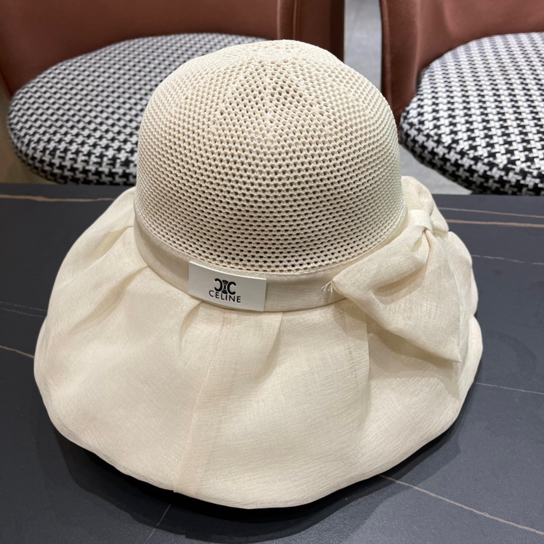  Celine 赛琳2024新款遮阳渔夫帽防晒沙滩盆帽潮女蝴蝶结大檐布帽沿帽子好看