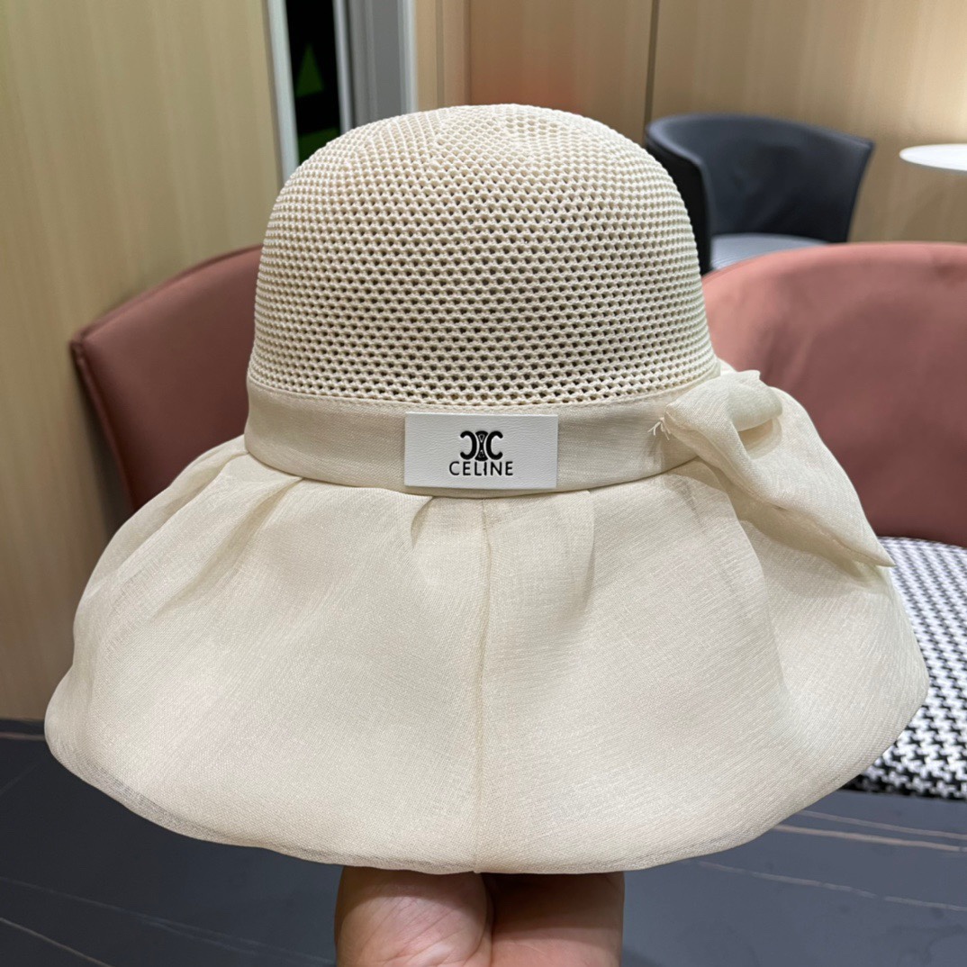  Celine 赛琳2024新款遮阳渔夫帽防晒沙滩盆帽潮女蝴蝶结大檐布帽沿帽子好看