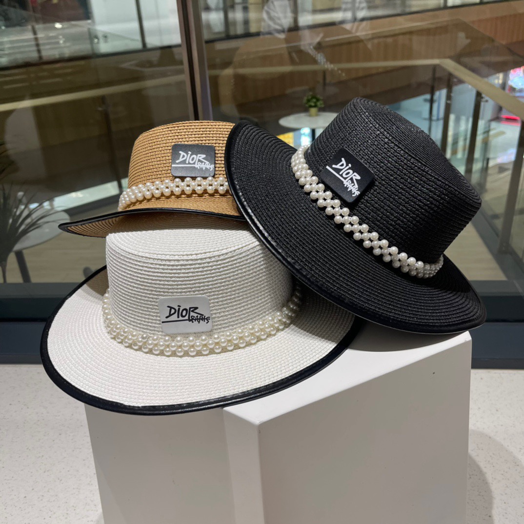 Sombrero de paja nuevo de Dior con perlas, más perfecto, sombrero de cuenca simplificado, versión de compra por encargo…
