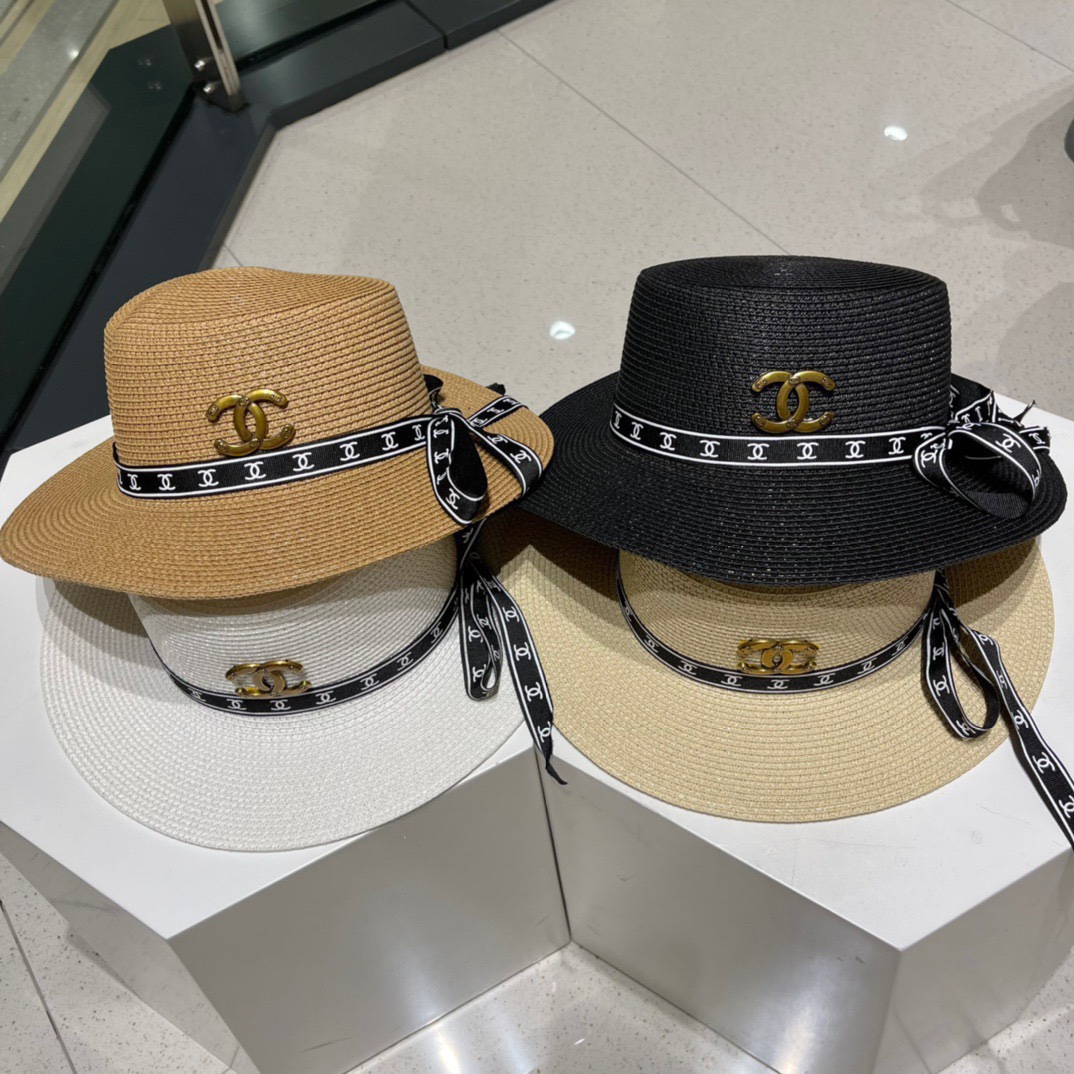 Chanel sombrero de copa plana, sombrero de paja de sol, estilo dama elegante, circunferencia de cabeza 57cm