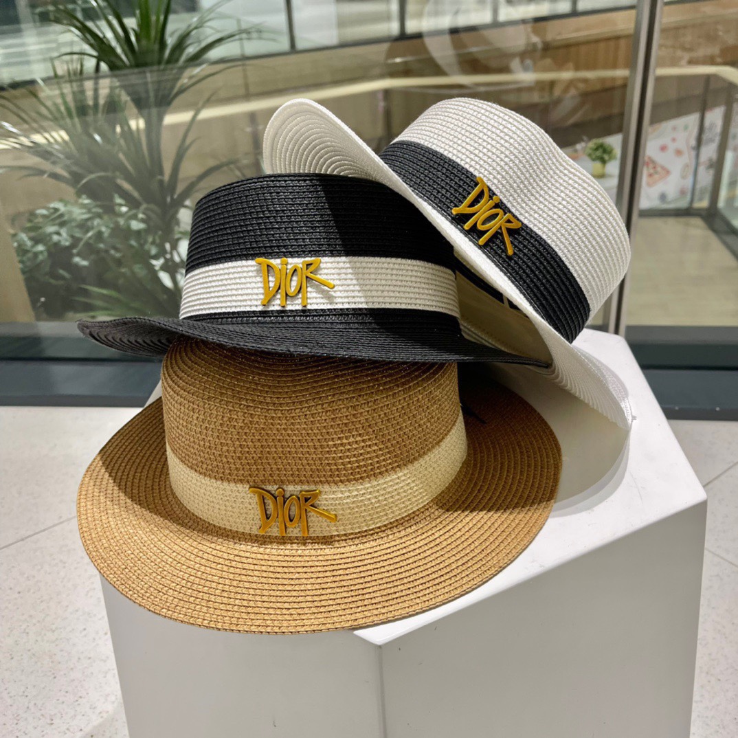 Sombrero de paja nuevo de Dior, sombrero de fiesta elegante, circunferencia de cabeza 57cm