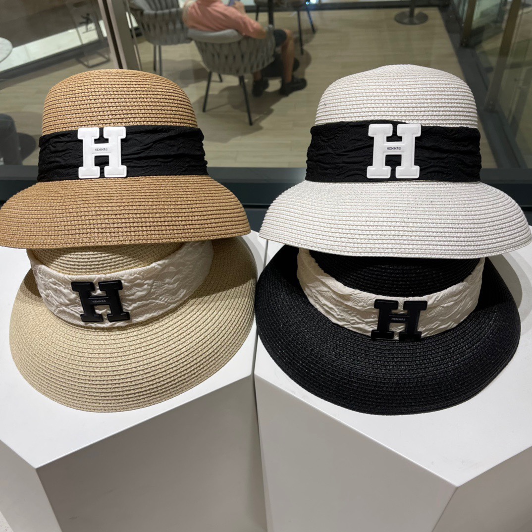 Sombrero de paja de ala ancha Hermès 2024 nuevo estilo, estilo playero, simple y elegante, versátil.
